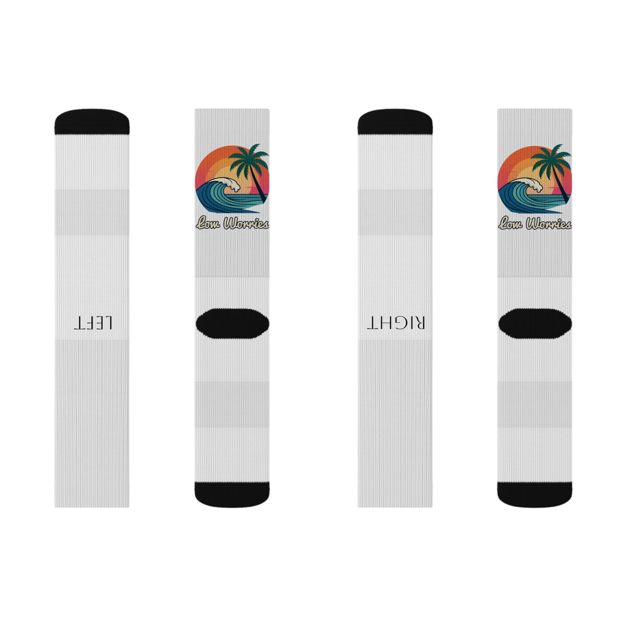 Low Worries - Retro Surf Sunset Sublimation Socks — Palm Tree Beach Crew Socks
