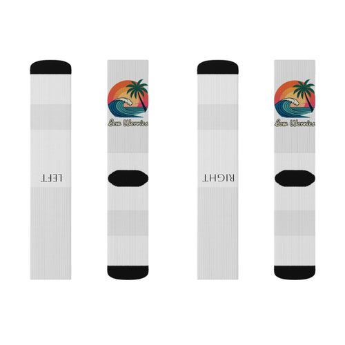 Low Worries - Retro Surf Sunset Sublimation Socks — Palm Tree Beach Crew Socks