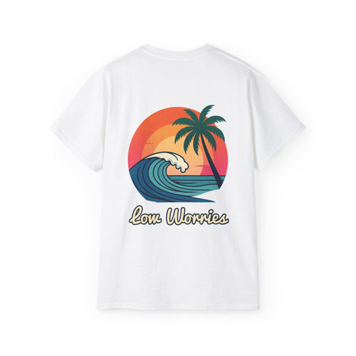 Exclusive first 50 shirts - Low Worries Vintage Surf Beach Tee — Retro Palm Tree Sunset T-Shirt