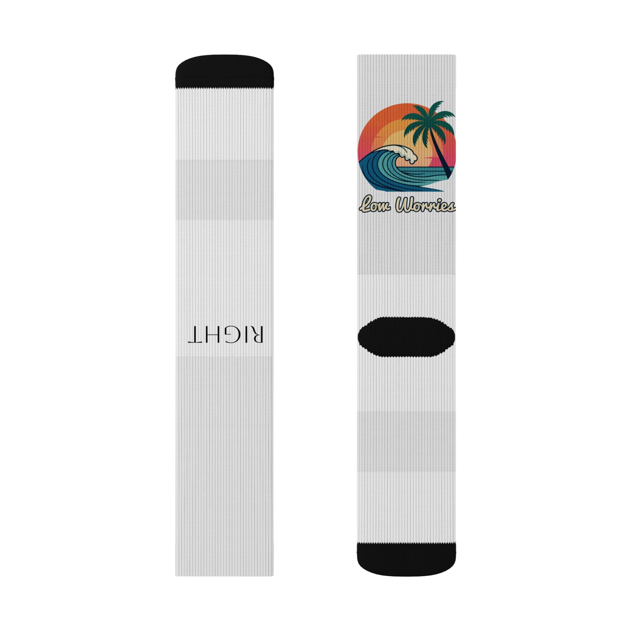 Low Worries - Retro Surf Sunset Sublimation Socks — Palm Tree Beach Crew Socks