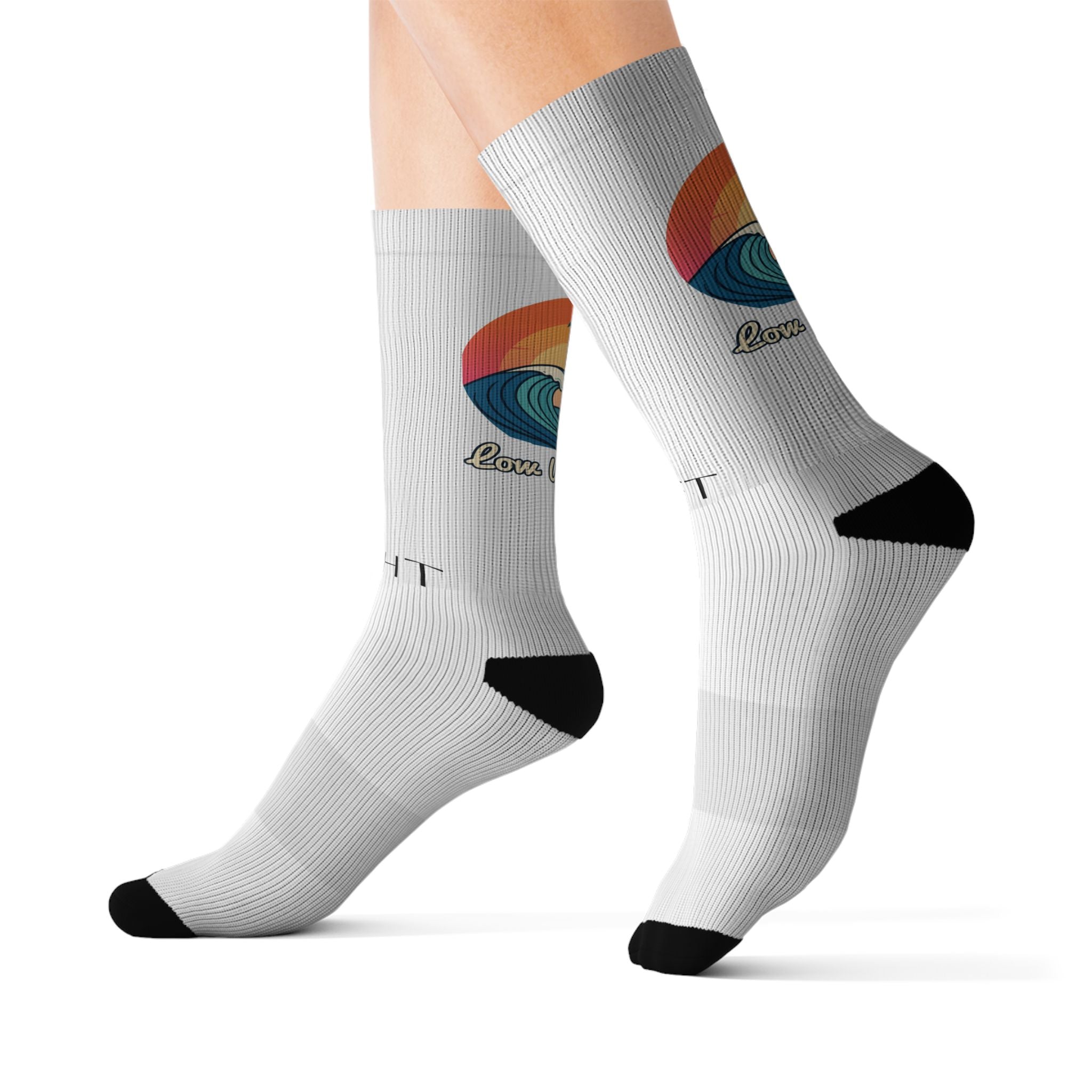 Low Worries - Retro Surf Sunset Sublimation Socks — Palm Tree Beach Crew Socks